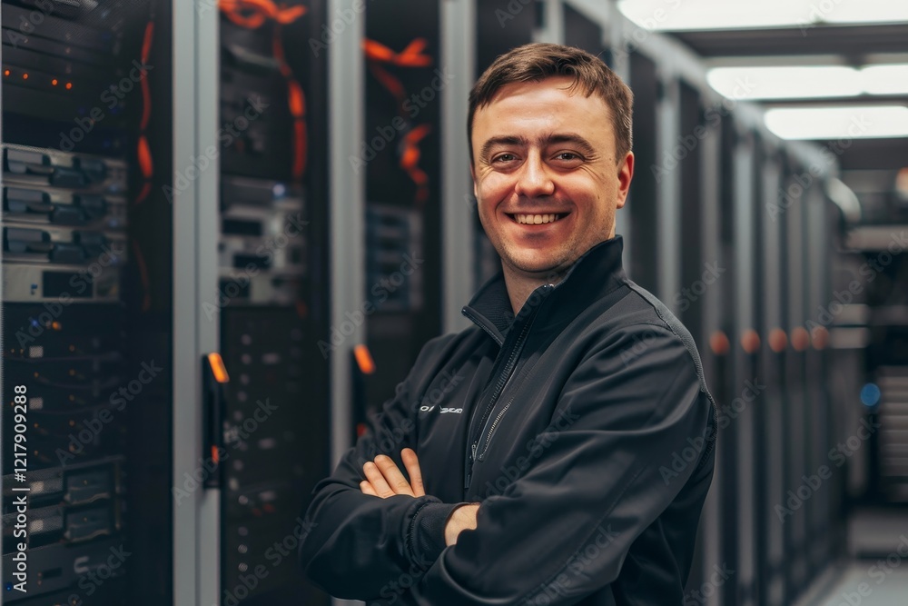 Poster a smiling professional posing in a data center, surrounded by multiple server racks and advanced tec