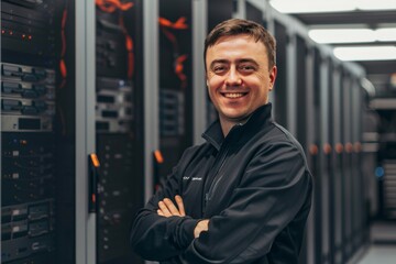 Fototapeta premium A Smiling Professional Posing in a Data Center, Surrounded by Multiple Server Racks and Advanced Technology Equipment