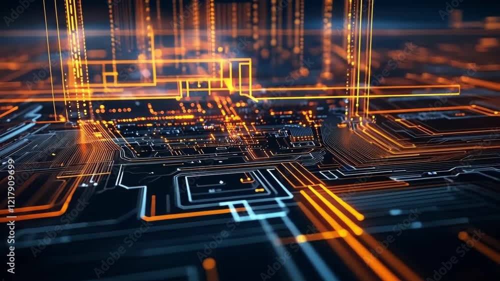 Aufkleber futuristic motherboard circuit with orange glowing lights transmitting data, creating a technologica
