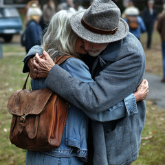 An older woman and an older man embracing in public