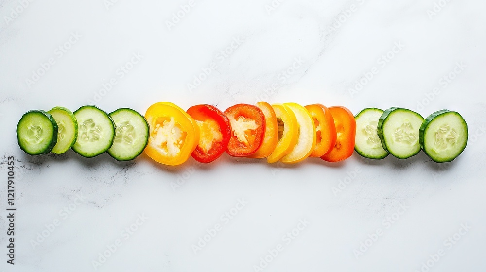 Poster a cucumber and tomato sliced on a white counter, arranged in rows of cucumber slices