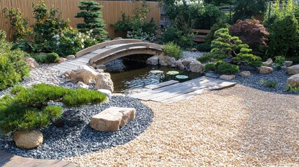 Serene Japanese garden with pond, bridge, and gravel pathways.