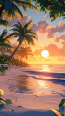 Breathtaking tropical sunset scene with a picturesque beach swaying palm trees and crashing ocean waves reflecting the warm glowing colors of the sky