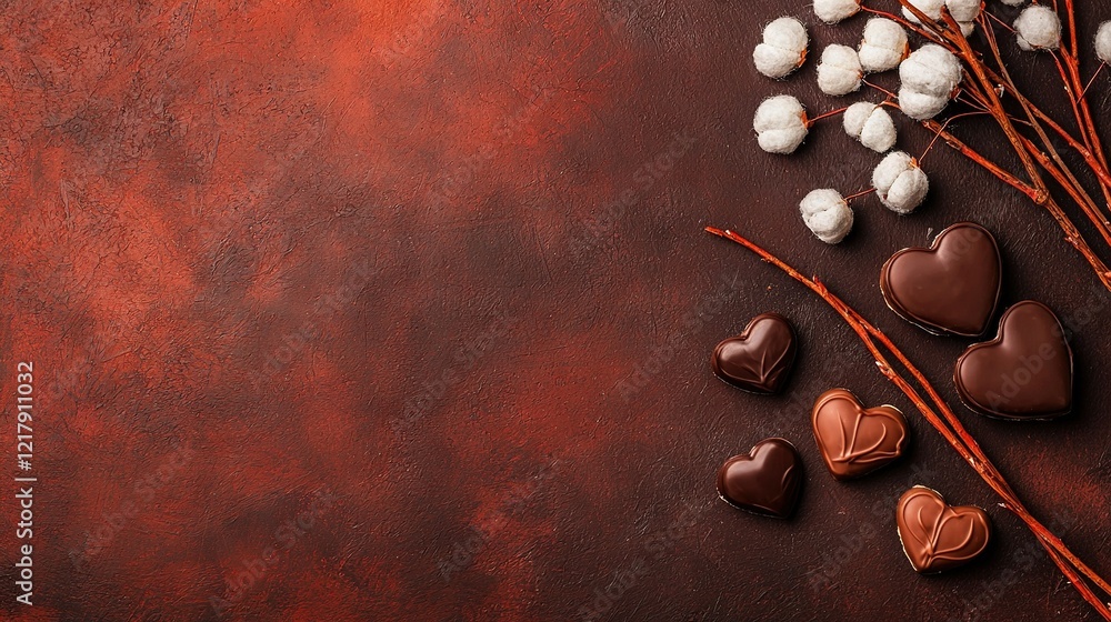 Poster a cluster of chocolate hearts arranged on a table near a twig and cotton floss