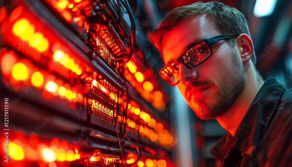 Poster focused technician working on server rack in data center