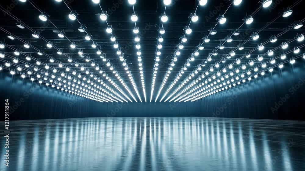 Poster rows of spotlights illuminating an empty showroom with a polished floor, creating a striking and mod