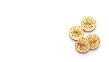 Four intricately designed golden coins with floral motifs displayed on a clean white background