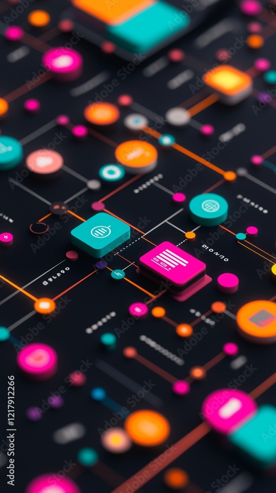 Poster colorful digital interface design showcasing data connections and interactive elements