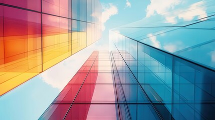 Obraz premium Modern glass skyscraper, close-up of sleek glass facade with vibrant reflections