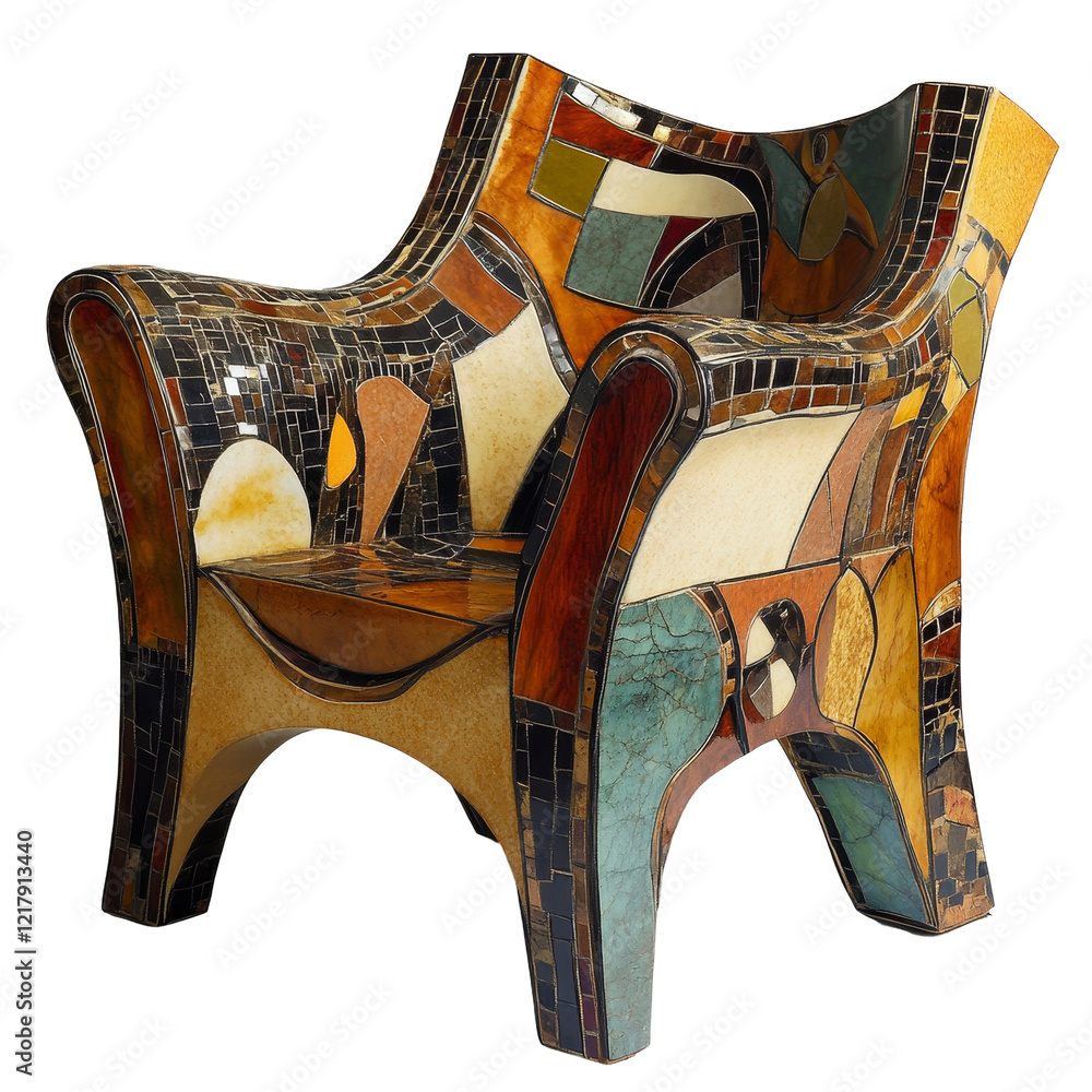 Poster a colorful and artistic chair crafted with mosaic tiles showcasing unique patterns and textures in a