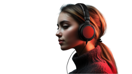 Woman Enjoying Music with Headphones, depicting a joyful expression, perfect for lifestyle and entertainment themes, transparent background.