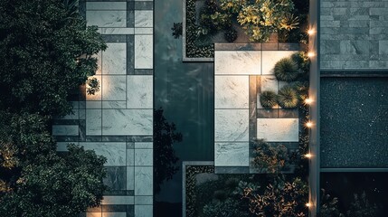 Aerial view of a modern, geometric garden design at night with marble pathways, ponds, and lush greenery.