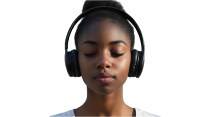 Joyful Woman Enjoying Music, A relaxed woman immersed in music with headphones, perfect for entertainment, lifestyle, or music-themed projects, transparent background