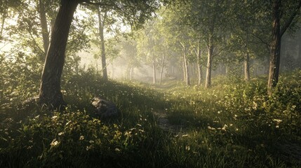 Obraz premium Sunlit forest path with morning mist.