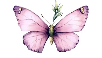 Delicate watercolor illustration of a pink butterfly perched on a green leaf, symbolizing nature's beauty