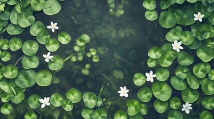 Serene pond scene with lily pads and white flowers, reflecting tranquility in nature