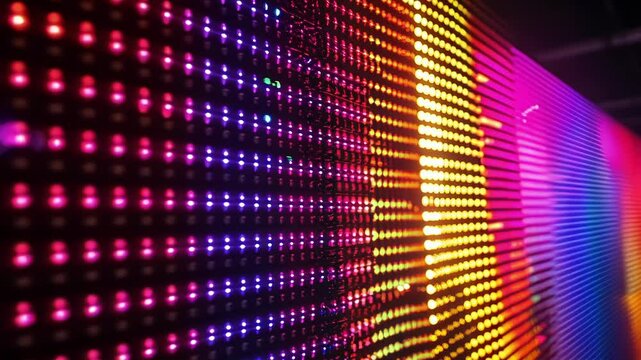 Colorful led panel wall glowing in the dark, producing a vibrant and dynamic visual experience filled with a spectrum of bright, luminescent lights and patterns