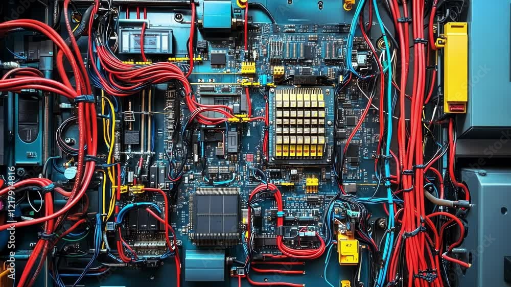 Poster close up view of an electronic circuit board featuring a network of colorful wires, highlighting the