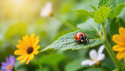 Obraz premium Ladybug resting on green leaf among colorful flowers
