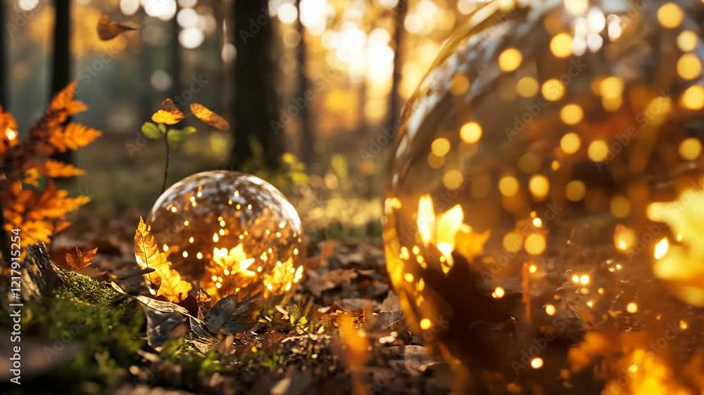 Poster captivating autumn scene with glowing orbs surrounded by colorful leaves in a tranquil forest settin