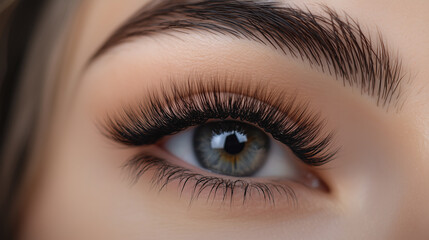 Obraz premium Close up of a woman's eye with. Eye, face, close, up girl, long, eyelashes, extensions. Girl with long eyelashes and long extensions. Girl closes her eyes with long eyelashes extensions. Lifestyle.