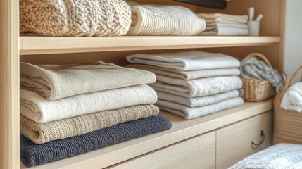 Organized closet space, close-up of neatly folded clothes and accessories, minimal design