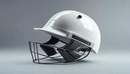 Fototapeta premium Minimalist White Cricket Helmet with Steel Face Guard on a Neutral Gray Background, Modern Sports Equipment Design