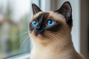 A close-up of a Siamese cat gazing out a window with striking blue eyes.