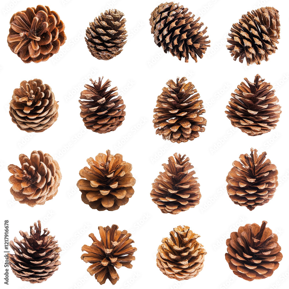 Poster Various pine cones arranged on a transparent background showcasing natural textures and unique shapes, pine cones isolated on transparent background