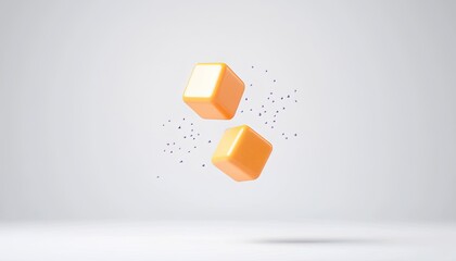 Abstract composition of two floating yellow cubes with particles, creating a modern design aesthetic