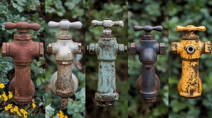 Rustic Water Taps Diversely Weathered Aged Metal Closeup. AI Generated