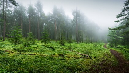 Fototapeta premium Fog in green forest, forest panorama landscape. Generated image