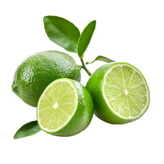 Fresh and vibrant limes cut in half with whole limes and green leaves on a transparent background, orange and lime on transparent background