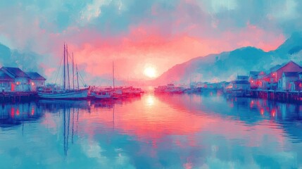 Breathtaking sunset scenery over a tranquil lake with moored sailboats reflecting on the still waters  The vibrant pink and blue hues create a serene and atmospheric landscape