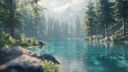 Naklejka premium Serene mountain lake in a lush forest.