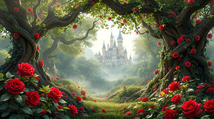 Fairytale castle viewed through a frame of large, red rose-covered trees. Ideal for fantasy, storybook, or magical-themed designs and backgrounds.