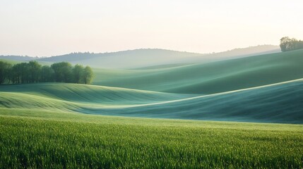 Obraz premium Serene rolling hills bathed in soft morning light peaceful landscape vibrant green hues. AI Generated