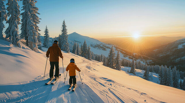 Family Skiing Adventure at Sunset: Stunning Mountain Views and Snowy Slopes