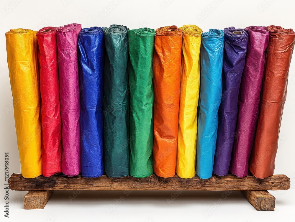 Aufkleber a display of colorful rolls of paper arranged in a neat row.