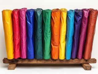 A display of colorful rolls of paper arranged in a neat row.