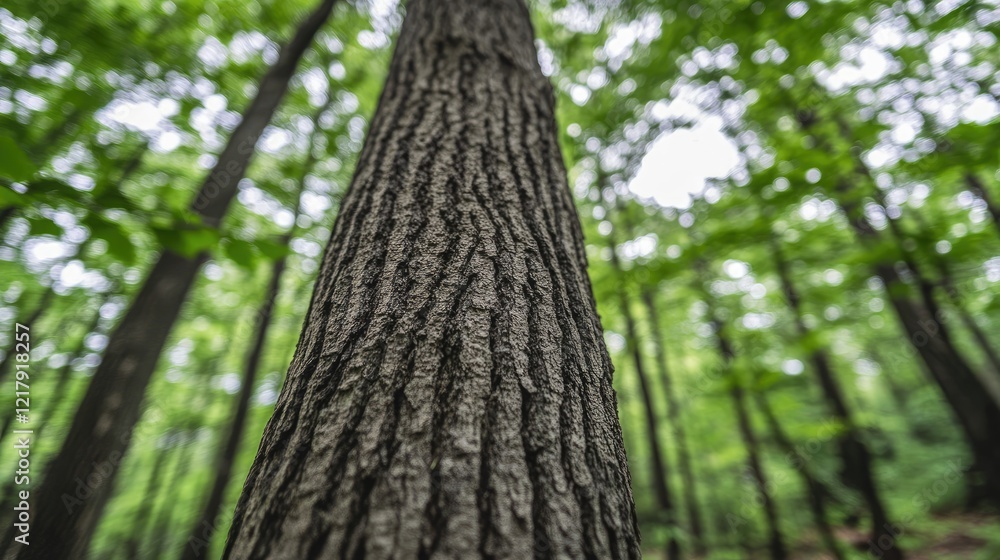 Poster looking up at a textured tree in a lush forest generative ai