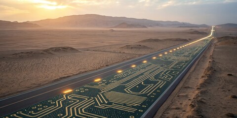 Unique desert road designed as a circuit board illuminated by sunset lights