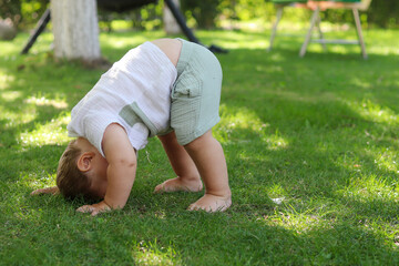 Adorable Toddler Exploring the Outdoors .Playful Child staying upside down over on a Sunny Day in the Park or garden