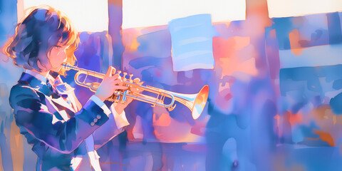 JAZZを演奏する女の子。演奏会イメージ素材。水彩画。イラスト。