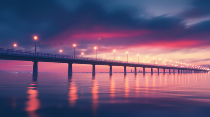 Fototapeta premium Generative ai image of scenery of long bridge with light poles connecting distant blurred city over rippling sea during sunset against cloudy sky. Twilight Bridge. Illustration
