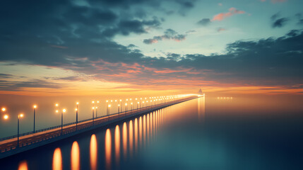 Fototapeta premium Generative ai image of scenery of long bridge with light poles connecting distant blurred city over rippling sea during sunset against cloudy sky. Twilight Bridge. Illustration