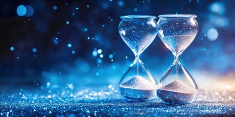 Two Hourglasses Filled With Glittering Sand Resting On Blue Glitter
