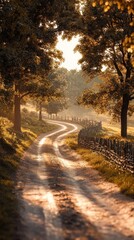 Naklejka premium Enchanting autumn pathway winding through a picturesque forest landscape with vibrant foliage warm lighting and a serene tranquil atmosphere