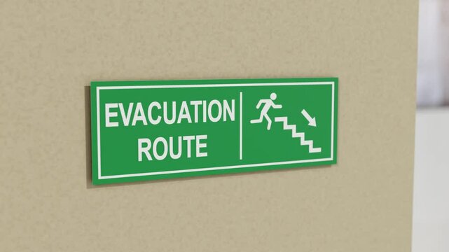 3D animation of an evacuation route sign, featuring clear directional arrows. Perfect for emergency preparedness, safety, instructional videos, or urban planning visuals