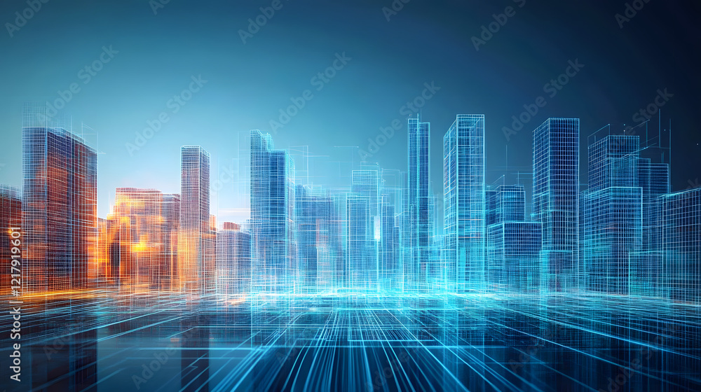 Poster a futuristic cityscape rendered in digital wireframes, showcasing the integration of building inform